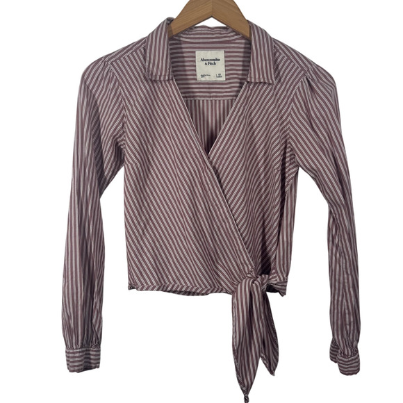 Abercrombie & Fitch Top Women XS Purple Stripe Crop Wrap Blouse Cotton Spring - Picture 1 of 5